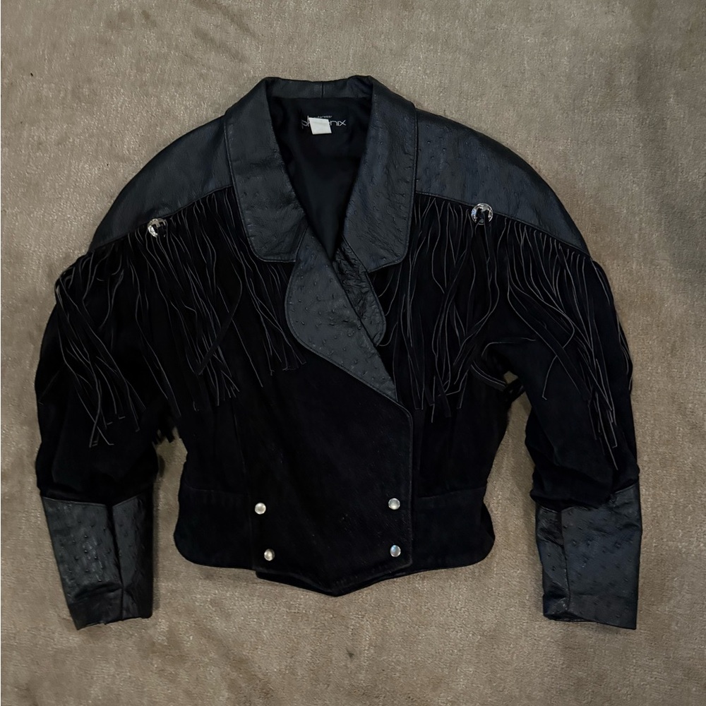 Phoenix Vintage Black Leather Jacket with Fringe and Textured Panels